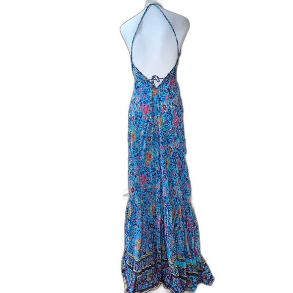 Boho Maxi Dress Blue Floral Flowy Halter Deep V Open Back Hi-Low Ruffle Gypsy - Picture 5 of 8